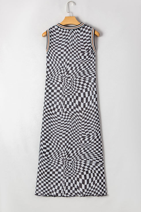 Multicolour Leopard Checkered Double Printed Reversible Sleeveless Long Dress